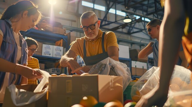 Group of diverse people working in charitable foundation Volunteer separating donation stuff Volunteers sort donations during food drive Focus on a middle aged man preparing clothes Co : Generative AI
