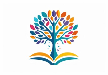 Vibrant Tree with Leaves and Book in Background Nature and Education Concept Logo Icon