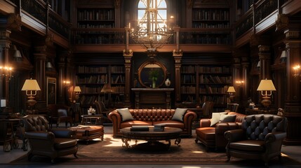 Gilded Age Library:  a library from the Gilded Age with dark mahogany bookshelves, plush leather chairs, and gold-embossed details, reflecting the wealth and luxury of America's industrial era
