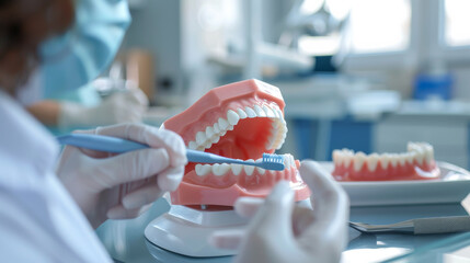a dental hygienist demonstrating proper brushing technique to a patient using a model of teeth and a toothbrush