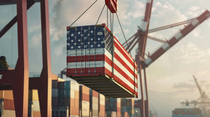 a crane hoisting a shipping container decorated with the USA flag pattern onto a large freighter with the busy activities of the port in the backdrop