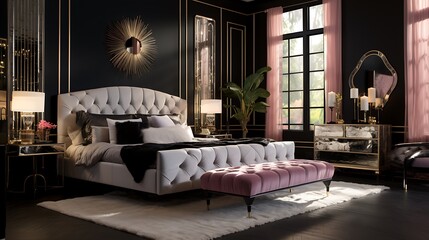 Glamorous Hollywood Regency Bedroom: Plan a bedroom with black lacquer walls, mirrored furniture,...