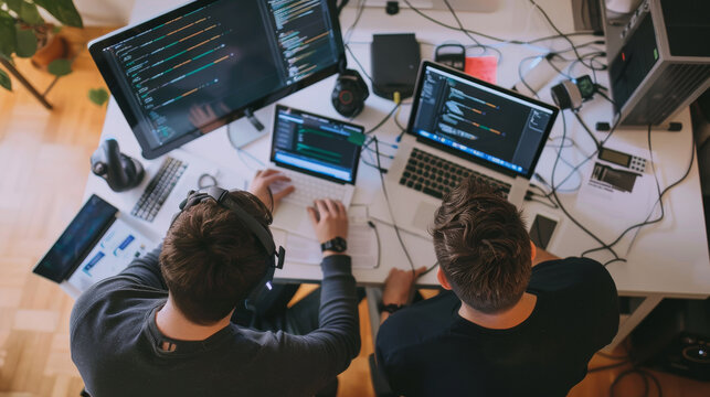 two scientists configuring a powerful computer setup dedicated to machine learning computations with notes and open laptops showing algorithms and code