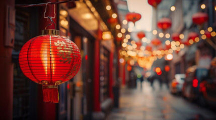 The red lantern in Chinatown is an essential attribute of the celebration of the Chinese New Year, bringing joy and hope for well-being.