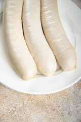 sausage meat weisswurst bavarian sausages second course fresh Cooking appetizer meal food snack on the table copy space food background rustic top view
