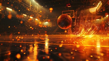 A basketball court with the ball flying towards the hole. Generate AI image - obrazy, fototapety, plakaty