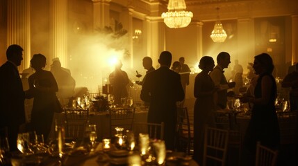 Hazy dreamlike silhouettes of guests mingling and laughter filling the air conveying the warm atmosphere of a feast underway. .