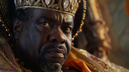 A distinguished black man gazes into the distance his ornate robes billowing in the wind behind him. His headpiece adorned with jewels and intricate designs hints at the wealth and .