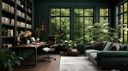 Lush Green Study: Plan a study with walls painted in rich forest green, dark wooden furniture, and accents of leafy greenery, bringing the tranquility of nature indoors