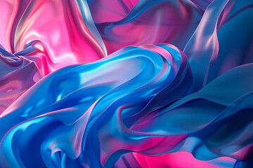 Vivid swirls of pink and blue satin undulate in a luminous dance of colors and light.