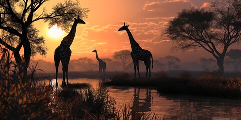Silhouettes of African giraffes against a twilight sky, standing by water, portraying the serene beauty of the savanna