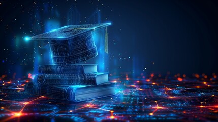 Digital Graduation Cap on Neon Circuit Board Background at Night