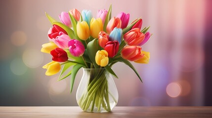 A vibrant bouquet of fresh tulips elegantly displayed in a glass vase on a table