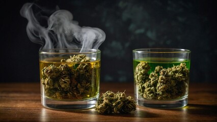 Flowers of marijuana in glass filled with cannabis oil