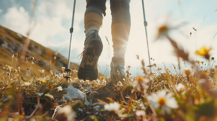 Hiker walks on mountain trail with sunlight