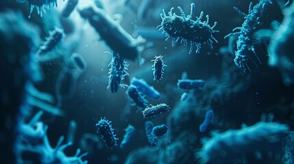 Microscopic blue bacteria. Close up blue bacteria background - obrazy, fototapety, plakaty