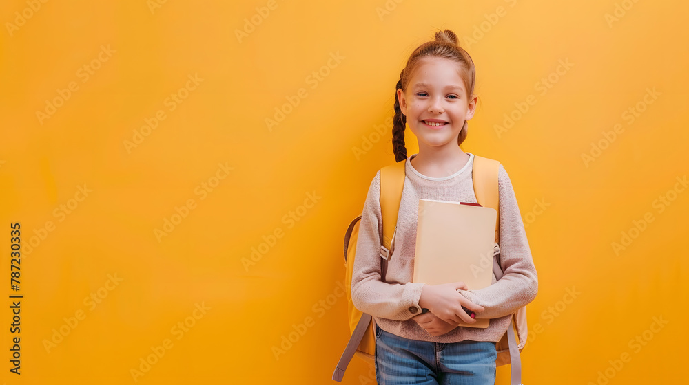 Aufkleber study and technologies smiling little schoolgirl holding paper book and digital tablet happy cute pr