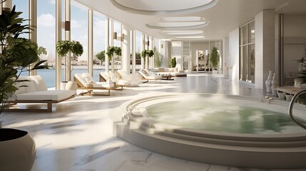Luxury Spa Retreat: Plan a serene spa retreat with marble floors, tranquil water features, and...