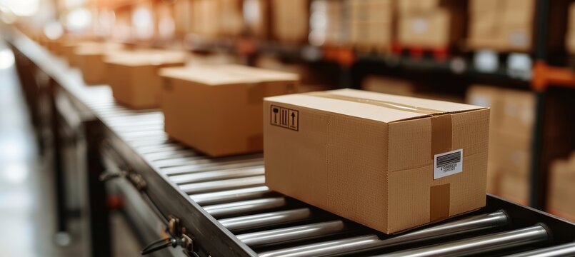 Automated e commerce logistics in warehouse with conveyor belt and cardboard box packages