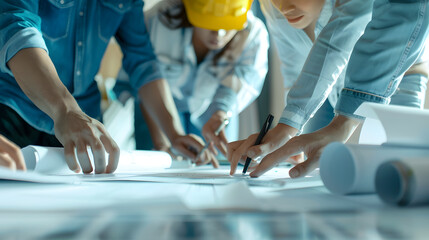 Multiracial group of architects gathering at table with papers and blueprints while sharing ideas about new project they are working on Innovation project and green renewable energy Co : Generative AI