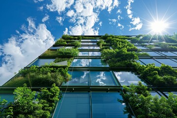 Eco-friendly building in the modern city. Sustainable glass office building with tree. Beautiful simple AI generated image in 4K, unique.