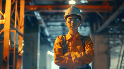 Portrait of young 20s Engineer crossed arms standing over background wear hard hat safety helmet...