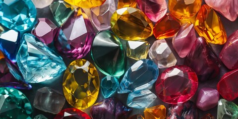 An array of multi-colored gemstones showcases a variety of shapes, sizes, and facets reflecting light vividly - obrazy, fototapety, plakaty