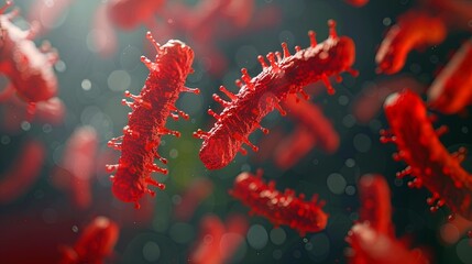 Microscopic red bacteria. Close up red bacteria background - obrazy, fototapety, plakaty