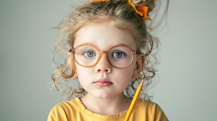 Girl kid with pencil and glasses. education banner. student standing front blackboard. Back to school