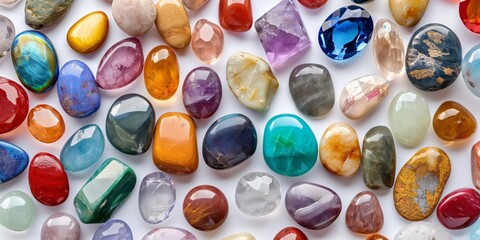 Polished diverse gemstones exhibit their shades and natural beauty from a top view
