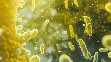 Microscopic yellow bacteria. Close up yellow bacteria background - obrazy, fototapety, plakaty