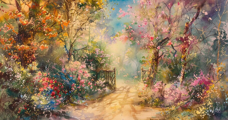 Fototapeta premium Painting of narrow path winding through a dense forest, with tall trees, dappled sunlight, and fallen leaves creating a serene atmosphere