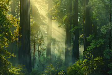 Morning light filters through the mist in an ancient, verdant forest, casting a tranquil golden glow.