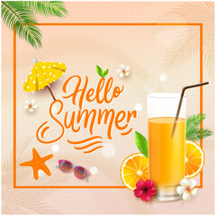 Hello Summer Vacation orange juice with sand background