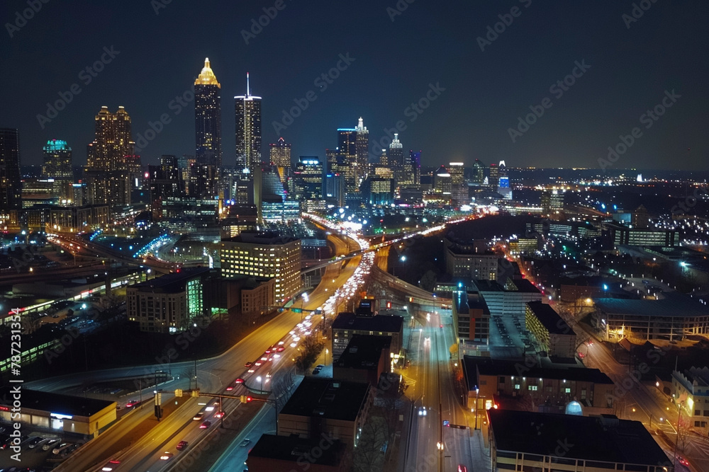 Poster Urban Nightscape, Drone Image Capturing Atlanta City Lights and Traffic Blur