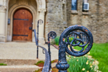 Vintage Iron Railing and Carved Wooden Door, Springtime at Bishop College