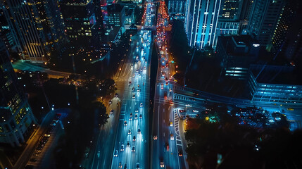 Urban Nightscape, Drone Image Capturing Atlanta City Lights and Traffic Blur - obrazy, fototapety, plakaty