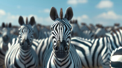 A group of zebra standing closely together in a field, showcasing their distinctive black and white striped coats - obrazy, fototapety, plakaty