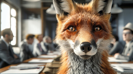Naklejka premium A realistic fox participating in a corporate boardroom meeting alongside human colleagues