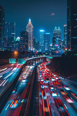 Urban Nightscape, Drone Image Capturing Atlanta City Lights and Traffic Blur - obrazy, fototapety, plakaty