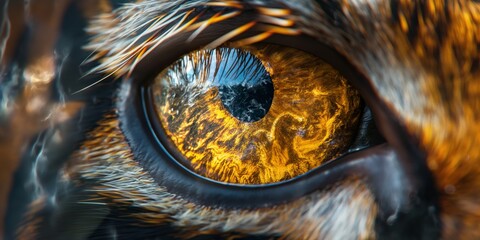 The captivating gaze of a golden eagle, with a detailed close-up on its intense golden eye and natural feather pattern