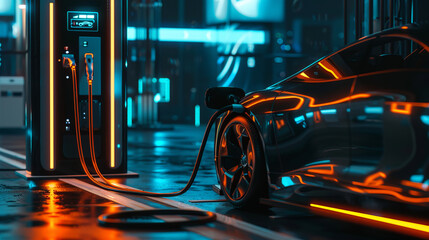 A close-up of an electric car connected to a modern charging station highlights the transition to environmentally friendly modes of transport. - obrazy, fototapety, plakaty