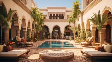 Palatial Moroccan Courtyard: Plan a breathtaking courtyard with mosaic tiles, arched doorways, and ornate fountains, capturing the essence of a luxurious Moroccan palace - obrazy, fototapety, plakaty