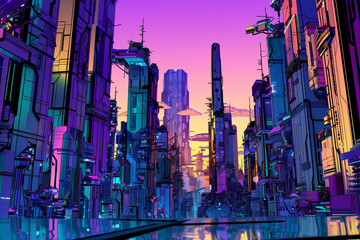 Fototapeta na wymiar Dusk descends on a neon-soaked futuristic cityscape, reflecting vibrant hues off tranquil waters.