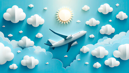 Airplane soaring among fluffy clouds with a bright sun on a blue sky, ideal for travel agencies, vacation promos, and summer campaigns. - obrazy, fototapety, plakaty