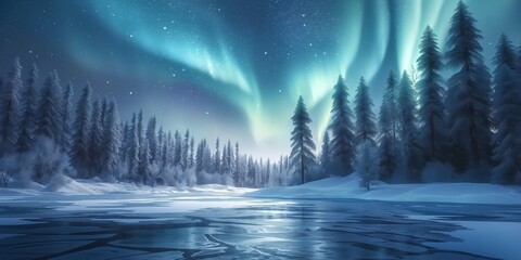 A serene arctic forest blanketed in snow with the awe-inspiring northern lights illuminating the night sky - obrazy, fototapety, plakaty