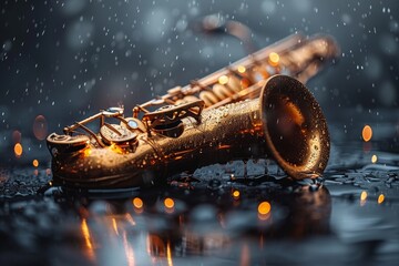 A stunning close-up of a wet saxophone with gleaming brass details, raindrops, and bokeh lights reflecting in the background - obrazy, fototapety, plakaty