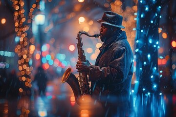 An atmospheric image capturing a saxophone player's silhouette in the rain against a colorful city night backdrop - obrazy, fototapety, plakaty