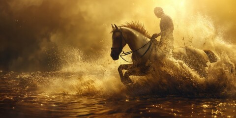 Obraz premium Capturing the essence of adventure, this image shows a rider and horse galloping through water at sunset
