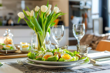 Beautiful table setting with spring Cobb salad with avocado, eggs,  croutons and lemon dressing - 787231924